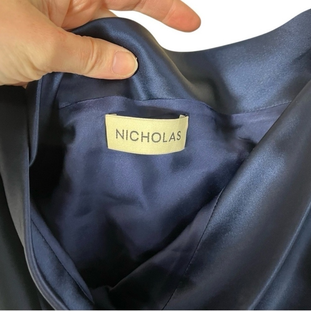 NWOT Unaltered NICHOLAS Eartha Draped Dark Ink Navy Satin Gown - Picture 2 of 11